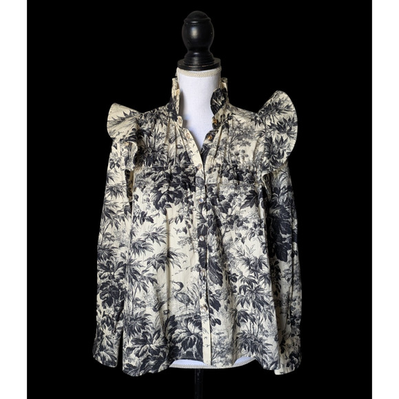 Tuckernuck Noir Cypress Toile Ruffle Winnie Blouse Top Size Small Black Cream - Picture 1 of 7